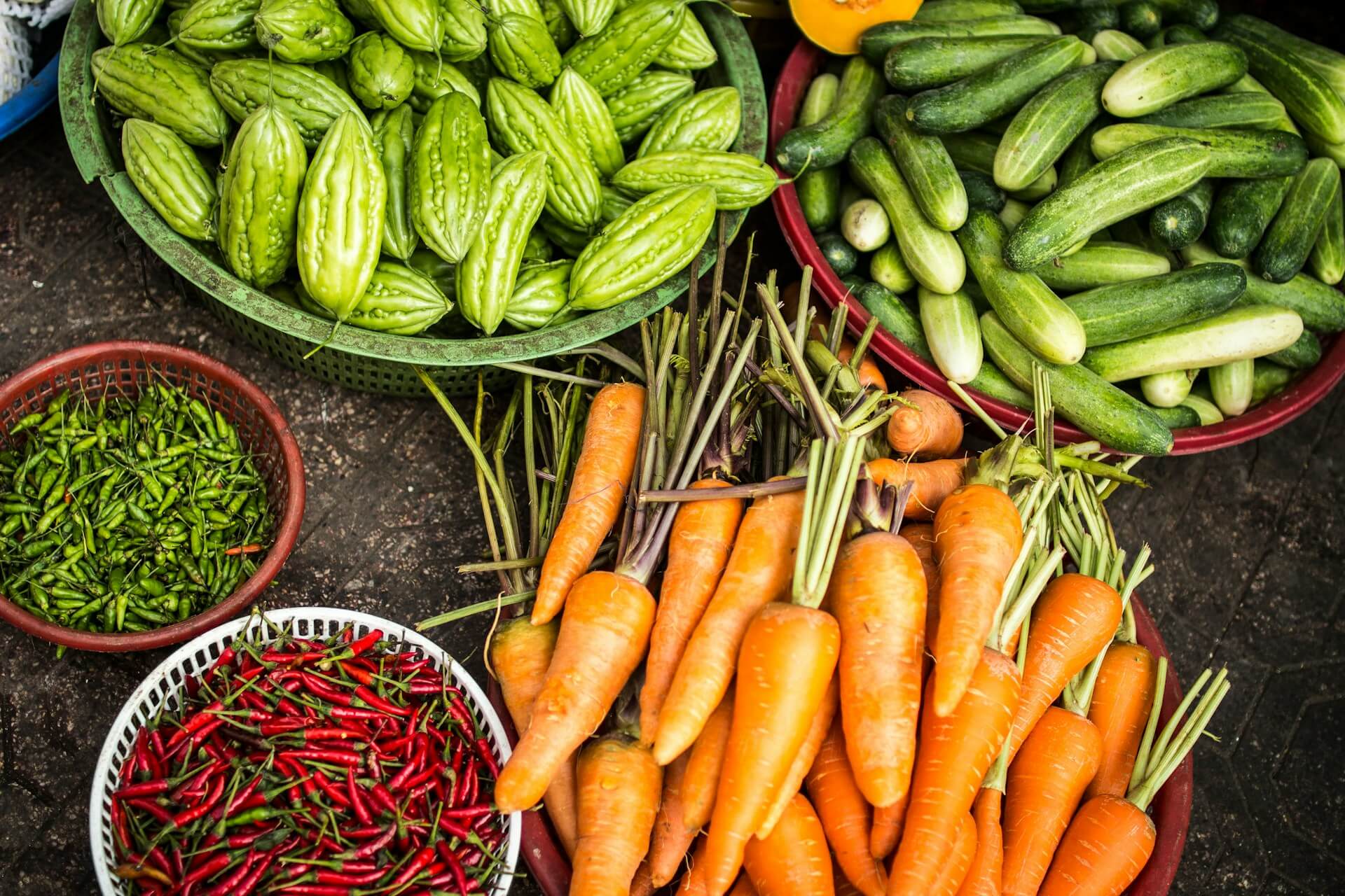Image of hand picked veggies including; carrots, chilli's and courgette